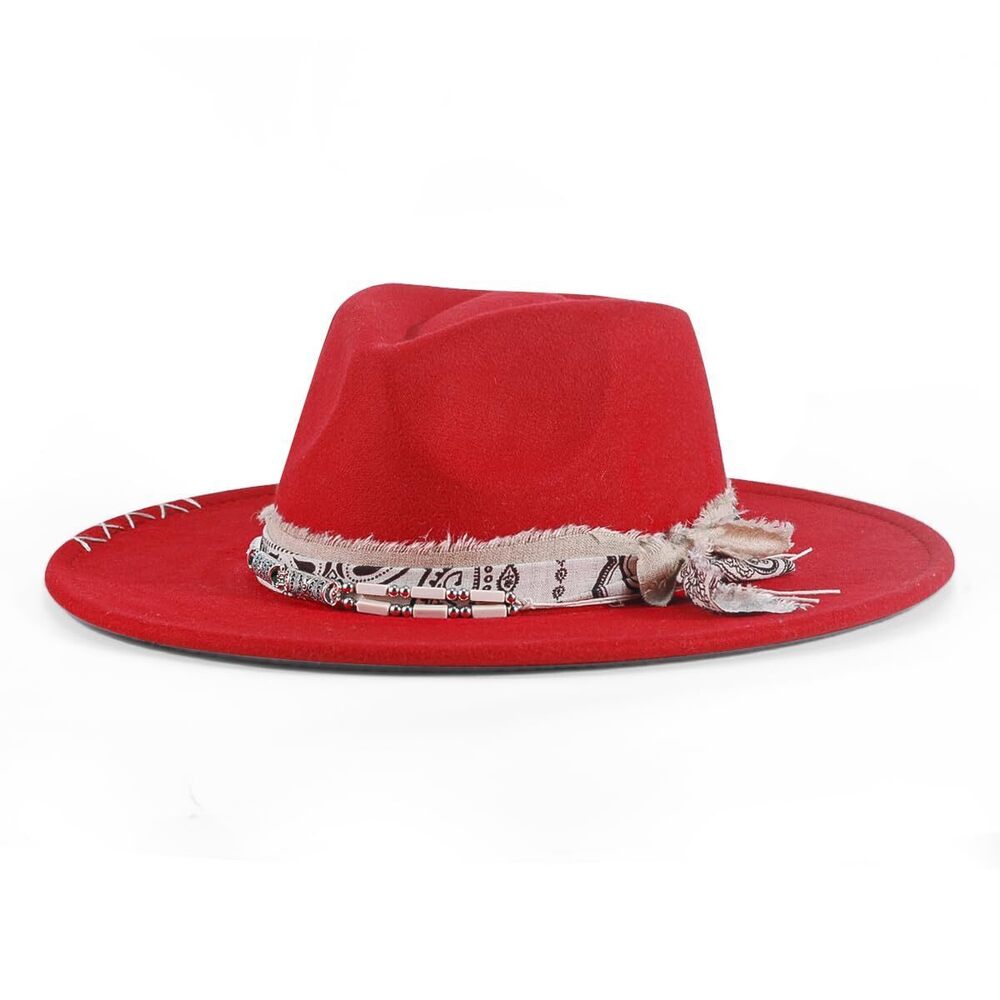5358 Big Brim Boho Hat Fedora Felt Western Dress Up Hats Red